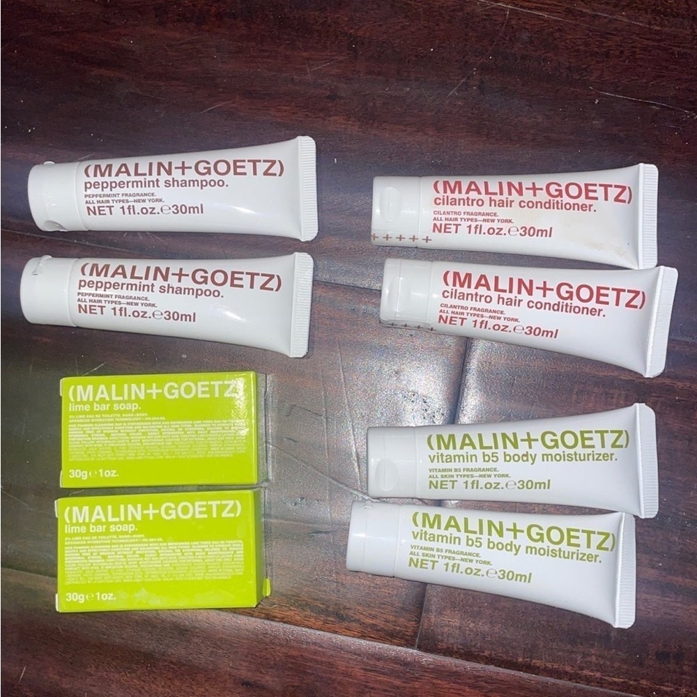 8pc set Malin Goetz travel toiletry shampoo conditioner soap lotion moisturizer